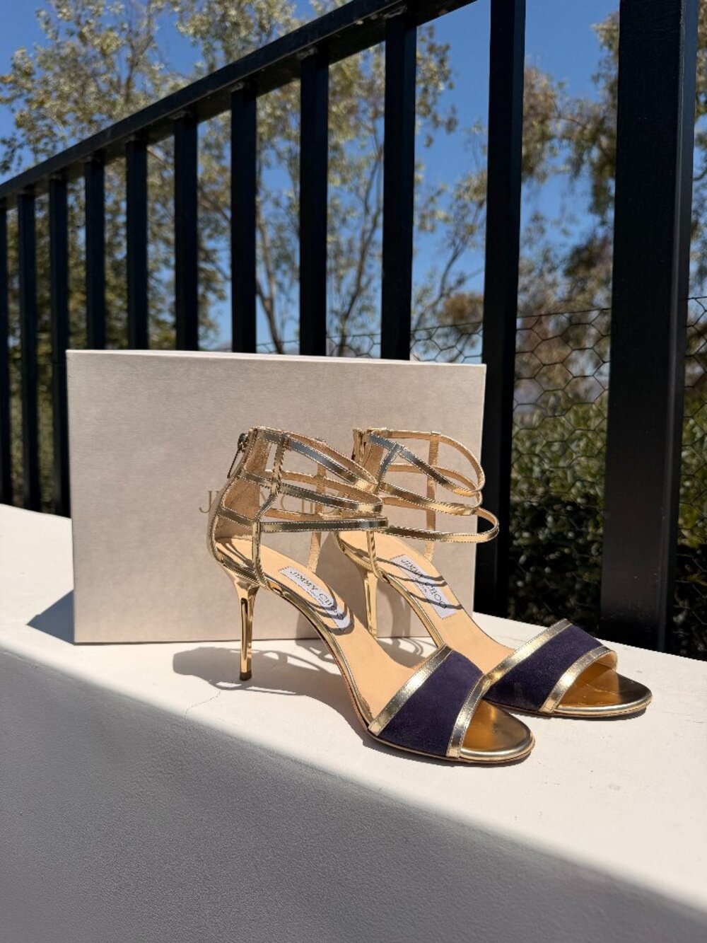 Jimmy Choo Purple Suede & Metallic Gold Strappy Cage Sandals Size 7.5 OG $995